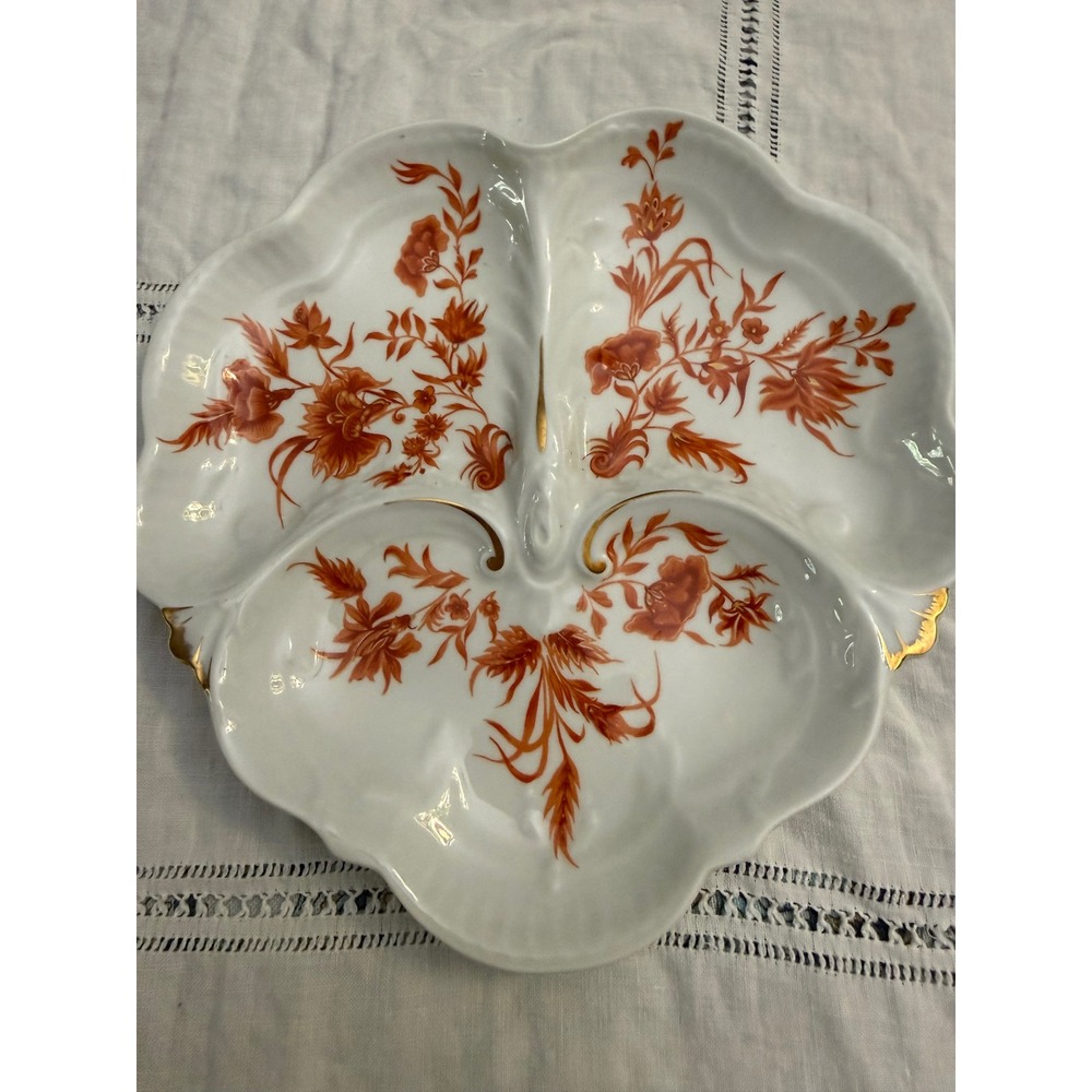 Haviland Limoges France Porcelain Divided Serving Dish Floral GoldTrim Scalloped